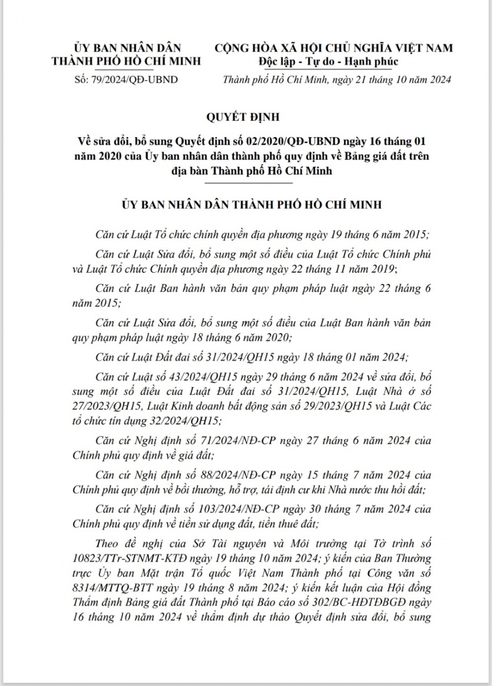 TP. Hồ Chí Minh ban hành Quyết định điều chỉnh bảng giá đất áp dụng từ ngày 31/10